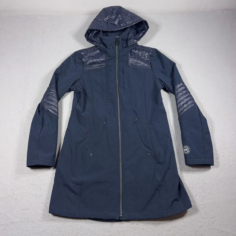Michael‎ Kors Hooded Softshell Coat Women Medium Navy Quilted Trim Longline